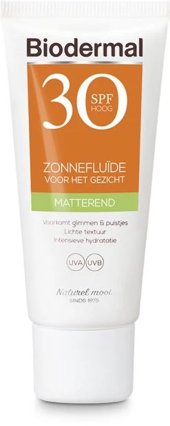 Biodermal Zonnebrand - Matterende Zonnefluïde Voor Het Gezicht SPF 30 - 40ml - Voorkomt Glimmen En Puistjes