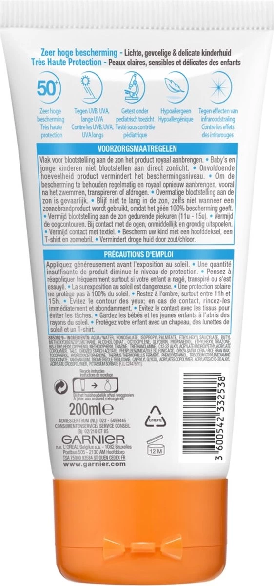 Garnier Ambre Solaire Sensitive Expert+ Kids Zonnebrandmelk Tube SPF50+ - Zonnebrand Voor De Kinderhuid - 200 Ml - Afbeelding 2